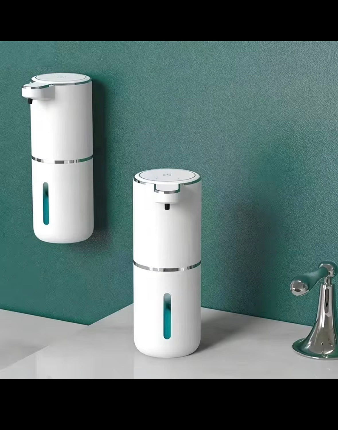 White automatic foam soap dispensers in a bathroom setting