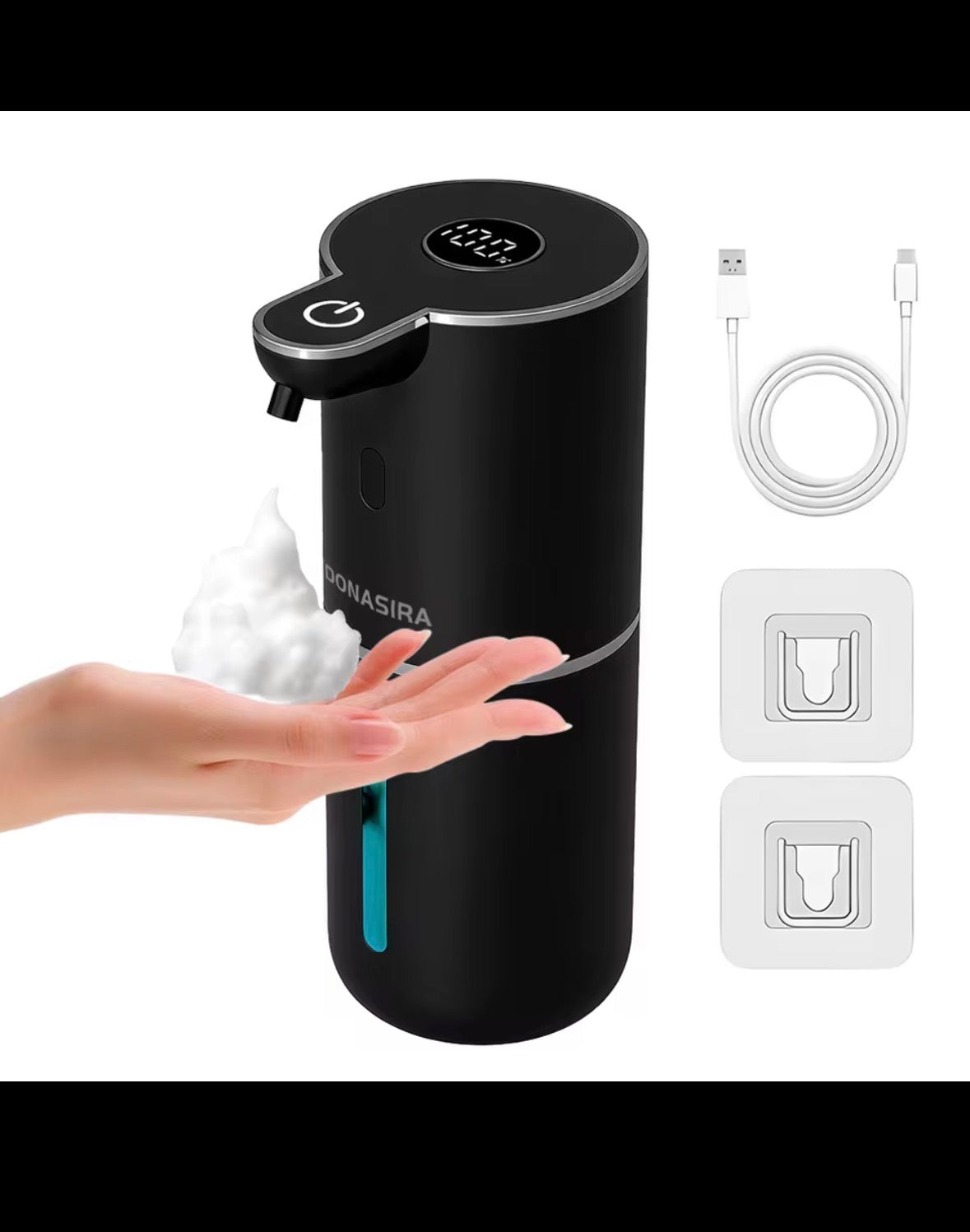 Black P18 foam soap dispenser with USB cable and mounting accessories