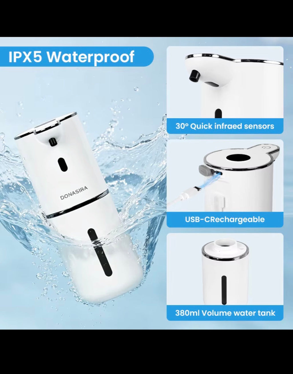 P18 dispenser with 380 ml tank, USB charging and water-resistance claim