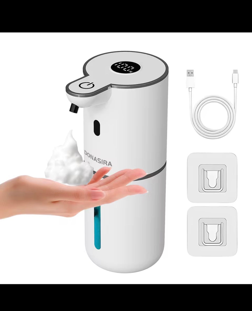 White P18 foam soap dispenser with USB cable and mounting accessories